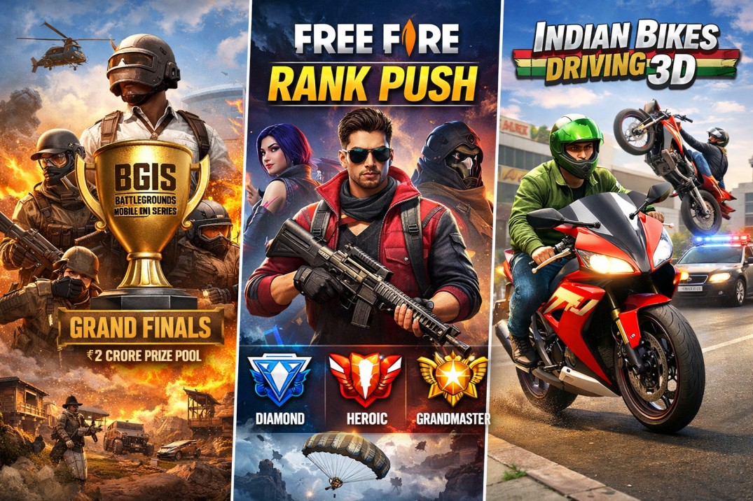 Battlegrounds Mobile India Series), Free Fire rank pushes, and Indian Bikes Driving 3D gameplay need image